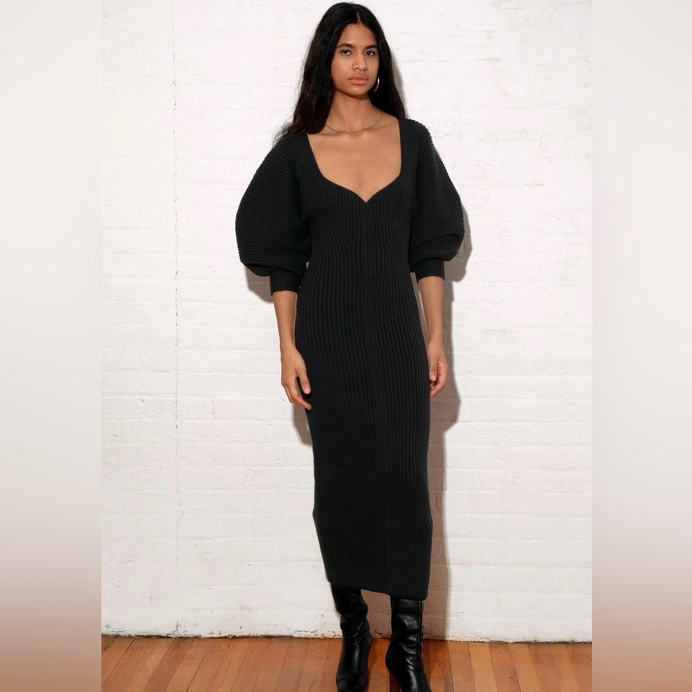 Mara Hoffman Marilyn Dress - Black Ribbed Bodycon Dress with Bishop Sleeves